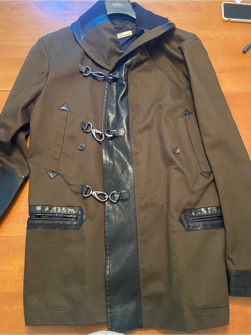 Gillia Olive Brown Pea Coat with Black Trim & Metal Toggle Closures